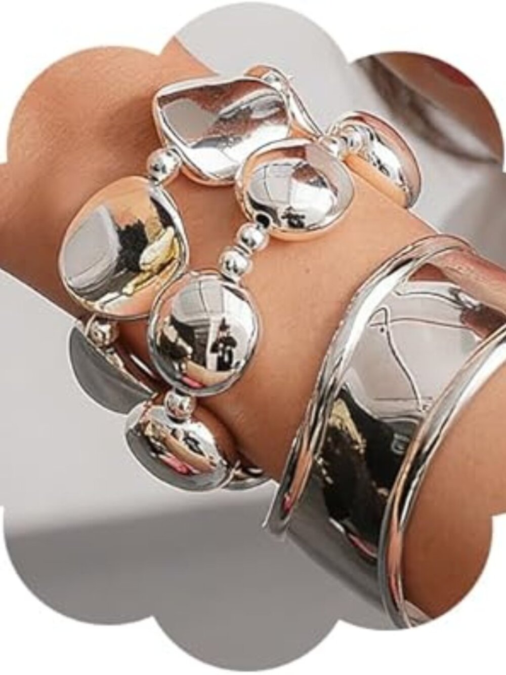 3pcs Chunky Silver Tone Bracelet Set Stretchy and Cuff Comb